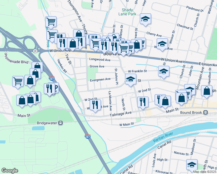 map of restaurants, bars, coffee shops, grocery stores, and more near 273 West High Street in Bound Brook