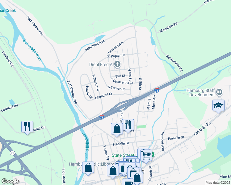 map of restaurants, bars, coffee shops, grocery stores, and more near 295 Chestnut Street in Hamburg