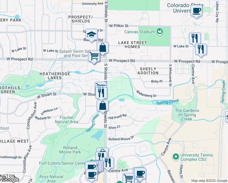 map of restaurants, bars, coffee shops, grocery stores, and more near 1775 Ashlar Drive in Fort Collins