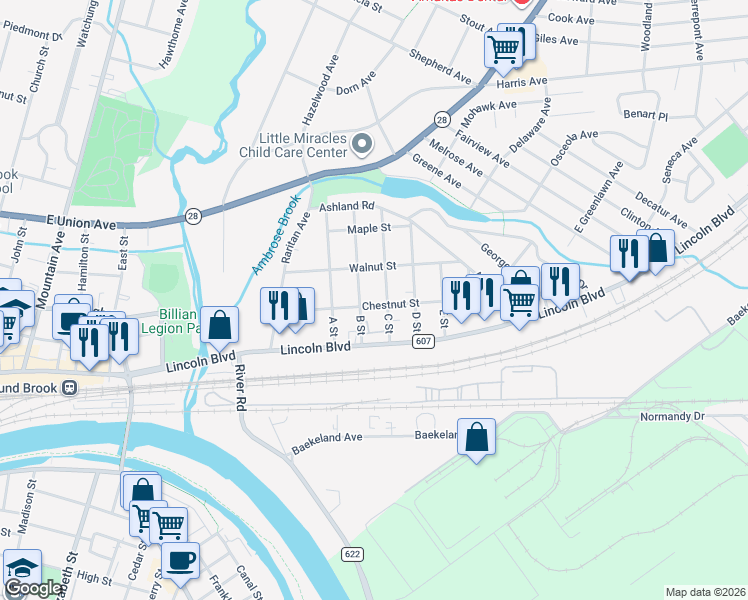 map of restaurants, bars, coffee shops, grocery stores, and more near 25 C Street in Middlesex