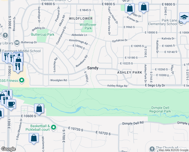 map of restaurants, bars, coffee shops, grocery stores, and more near in Sandy