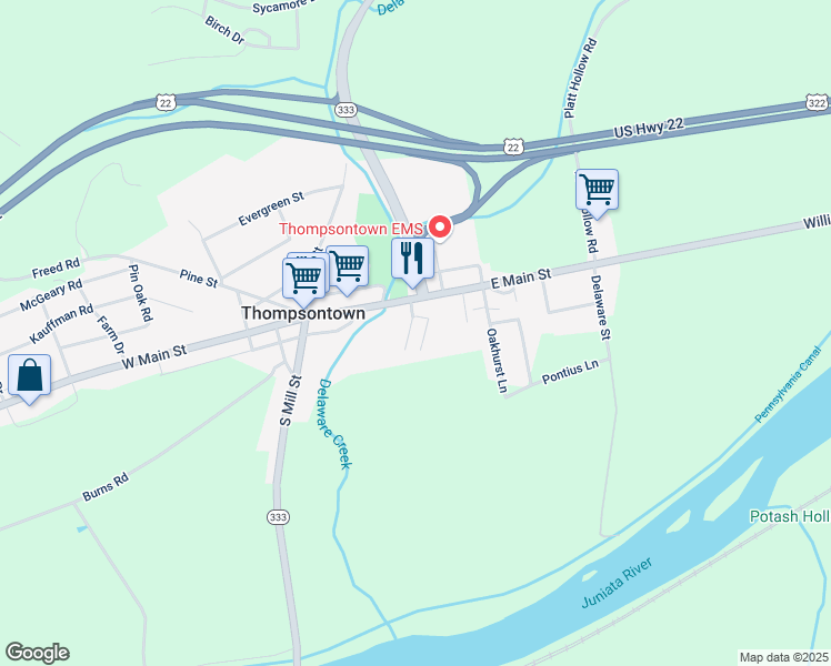 map of restaurants, bars, coffee shops, grocery stores, and more near 95 Lower Benner Street in Thompsontown