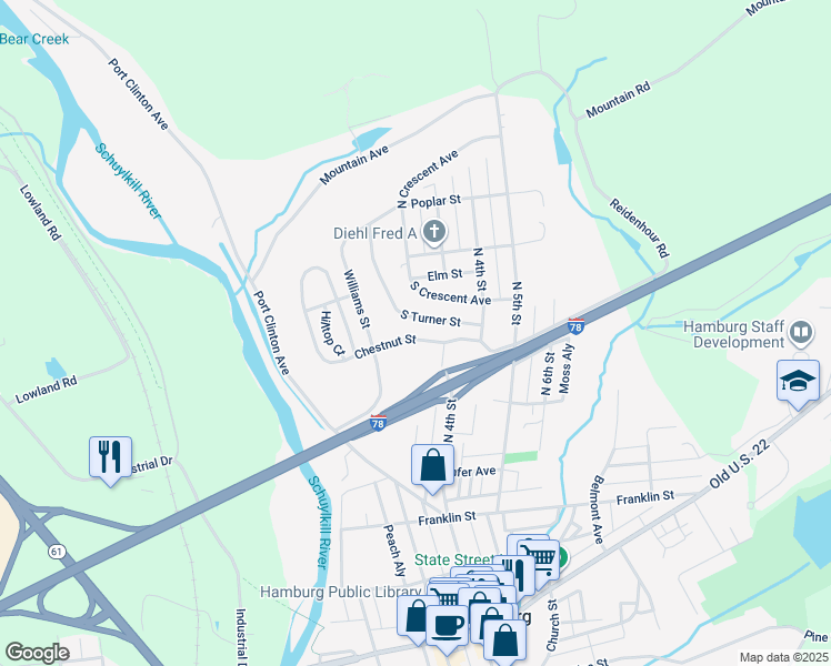 map of restaurants, bars, coffee shops, grocery stores, and more near 291 Chestnut Street in Hamburg