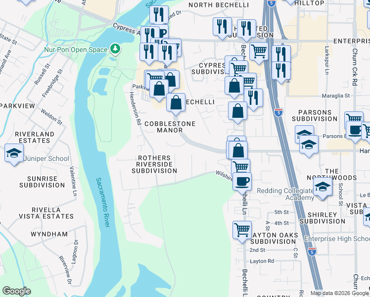 map of restaurants, bars, coffee shops, grocery stores, and more near 390 Hartnell Avenue in Redding