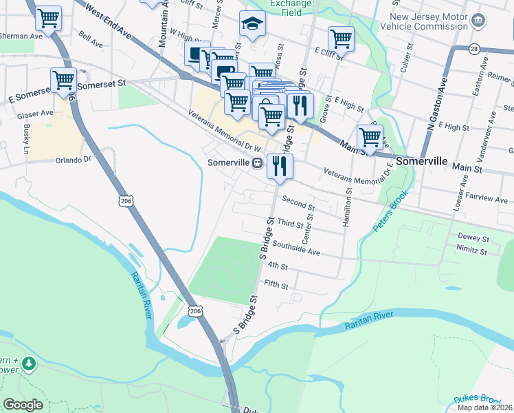map of restaurants, bars, coffee shops, grocery stores, and more near 110 South Bridge Street in Somerville