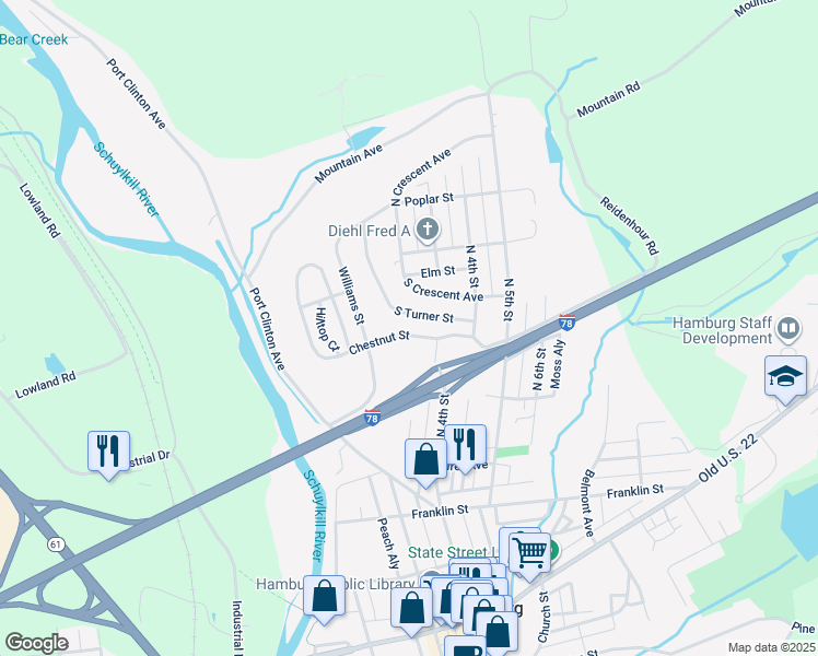 map of restaurants, bars, coffee shops, grocery stores, and more near 291 Chestnut Street in Hamburg