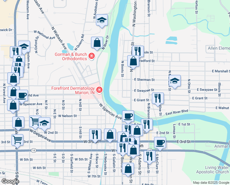 map of restaurants, bars, coffee shops, grocery stores, and more near 220 W Swayzee St in Marion