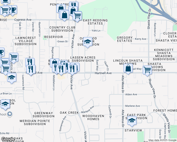 map of restaurants, bars, coffee shops, grocery stores, and more near 1874 Hartnell Avenue in Redding