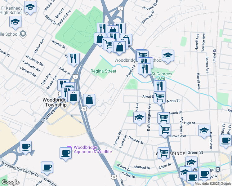 map of restaurants, bars, coffee shops, grocery stores, and more near 183A Sierra Court in Woodbridge Township