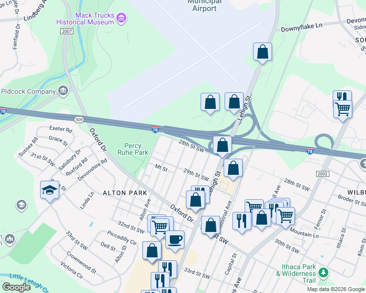 map of restaurants, bars, coffee shops, grocery stores, and more near 1858 28th Street Southwest in Allentown