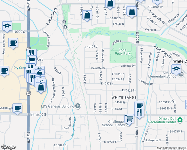 map of restaurants, bars, coffee shops, grocery stores, and more near 421 East 10300 South in Sandy
