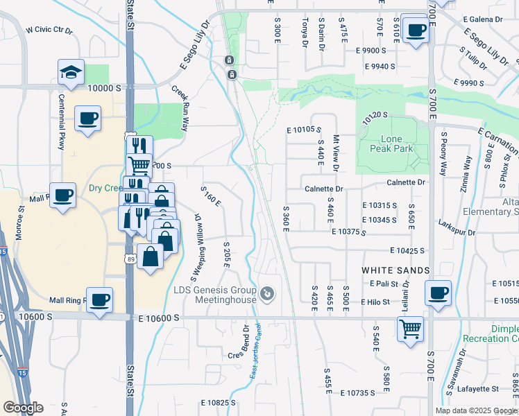 map of restaurants, bars, coffee shops, grocery stores, and more near 10291 Silver Willow Drive in Sandy