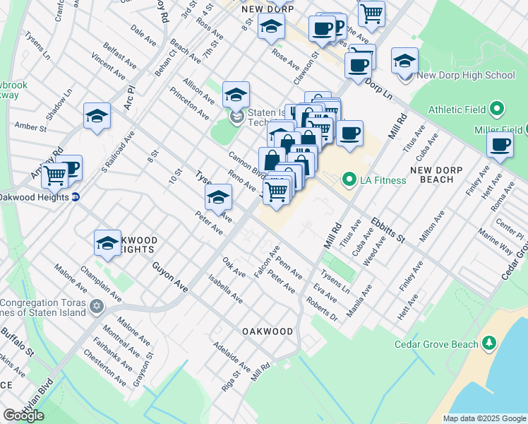 map of restaurants, bars, coffee shops, grocery stores, and more near 2754 Hylan Boulevard in Staten Island