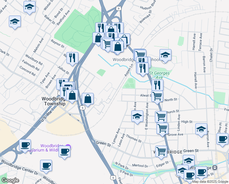 map of restaurants, bars, coffee shops, grocery stores, and more near 183A Sierra Court in Woodbridge Township