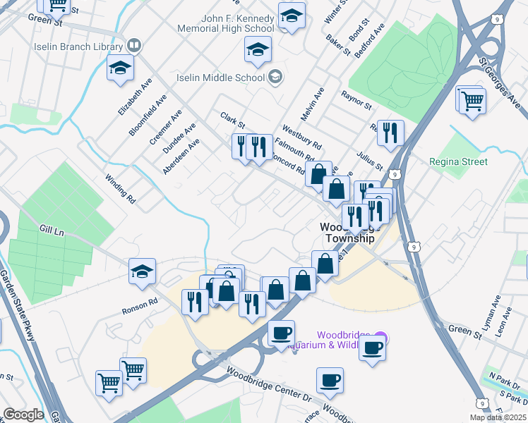 map of restaurants, bars, coffee shops, grocery stores, and more near 409 Green Hollow Drive in Woodbridge Township