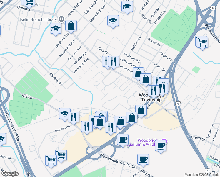 map of restaurants, bars, coffee shops, grocery stores, and more near 1101 Green Hollow Drive in Woodbridge Township