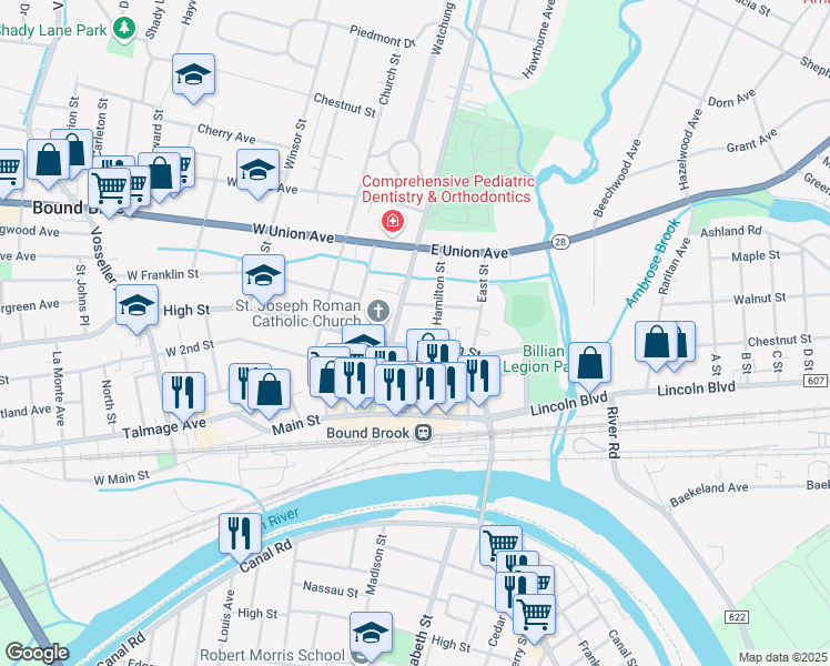 map of restaurants, bars, coffee shops, grocery stores, and more near 216 Somerset Street in Bound Brook