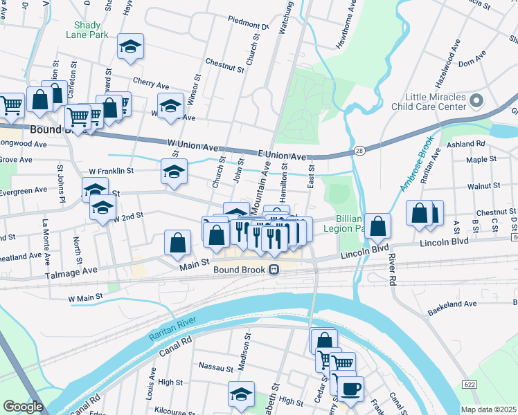 map of restaurants, bars, coffee shops, grocery stores, and more near 216 Somerset Street in Bound Brook