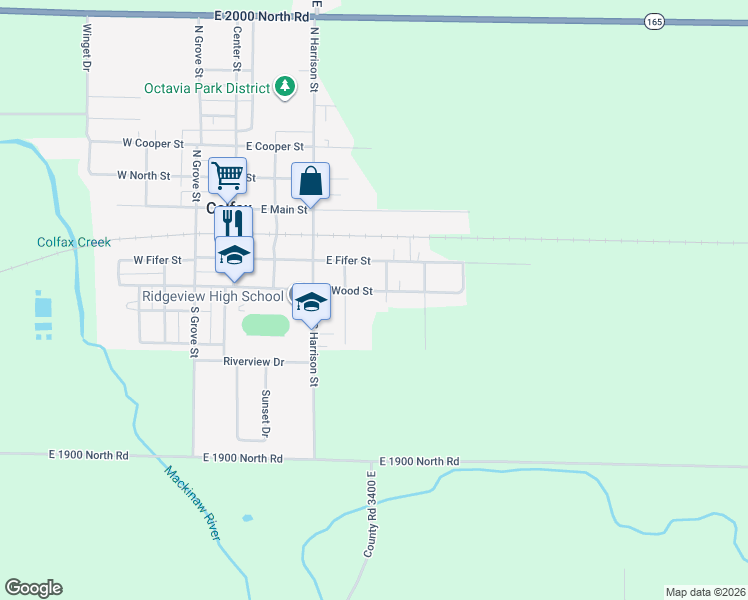 map of restaurants, bars, coffee shops, grocery stores, and more near 501 East Wood Street in Colfax