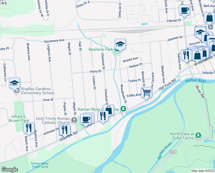 map of restaurants, bars, coffee shops, grocery stores, and more near 111 Chestnut Street in Bridgewater Township