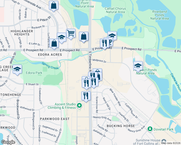 map of restaurants, bars, coffee shops, grocery stores, and more near 1908 South Timberline Road in Fort Collins