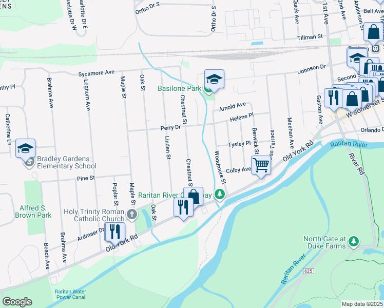 map of restaurants, bars, coffee shops, grocery stores, and more near 111 Chestnut Street in Bridgewater Township