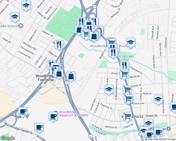 map of restaurants, bars, coffee shops, grocery stores, and more near 190 Sierra Court in Woodbridge Township
