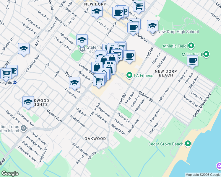 map of restaurants, bars, coffee shops, grocery stores, and more near 255 Mill Road in Staten Island