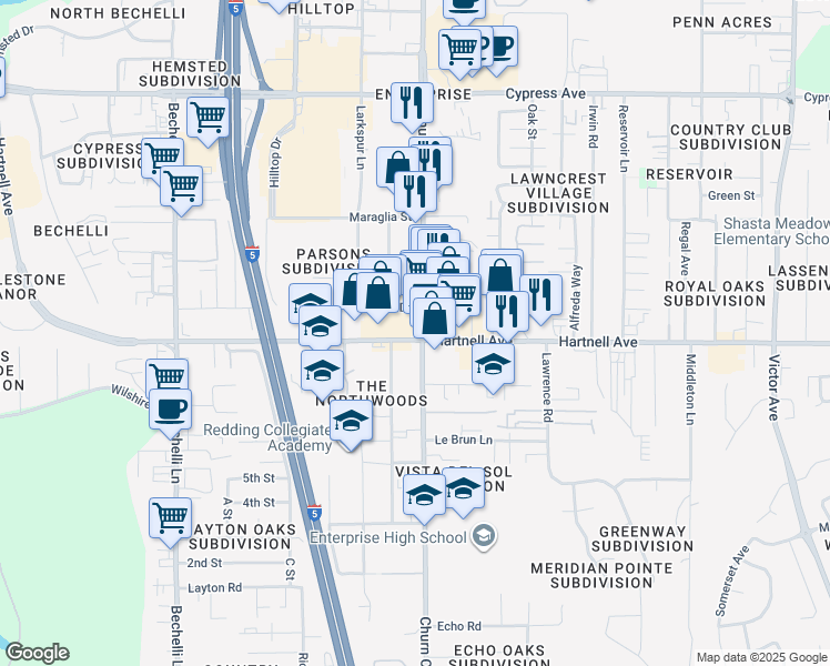 map of restaurants, bars, coffee shops, grocery stores, and more near in Redding