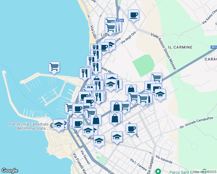 map of restaurants, bars, coffee shops, grocery stores, and more near 23 Via Goceano in Alghero
