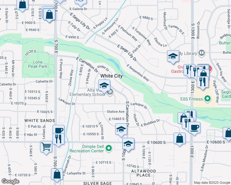 map of restaurants, bars, coffee shops, grocery stores, and more near 954 East Carnation Drive in Sandy