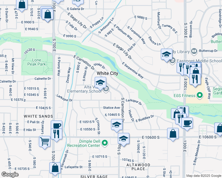 map of restaurants, bars, coffee shops, grocery stores, and more near 954 East Carnation Drive in Sandy