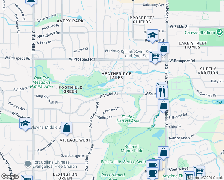 map of restaurants, bars, coffee shops, grocery stores, and more near 1705 Heatheridge Road in Fort Collins