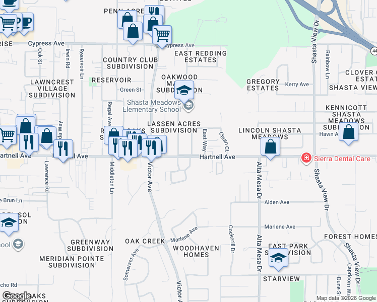 map of restaurants, bars, coffee shops, grocery stores, and more near 2942 East Way in Redding