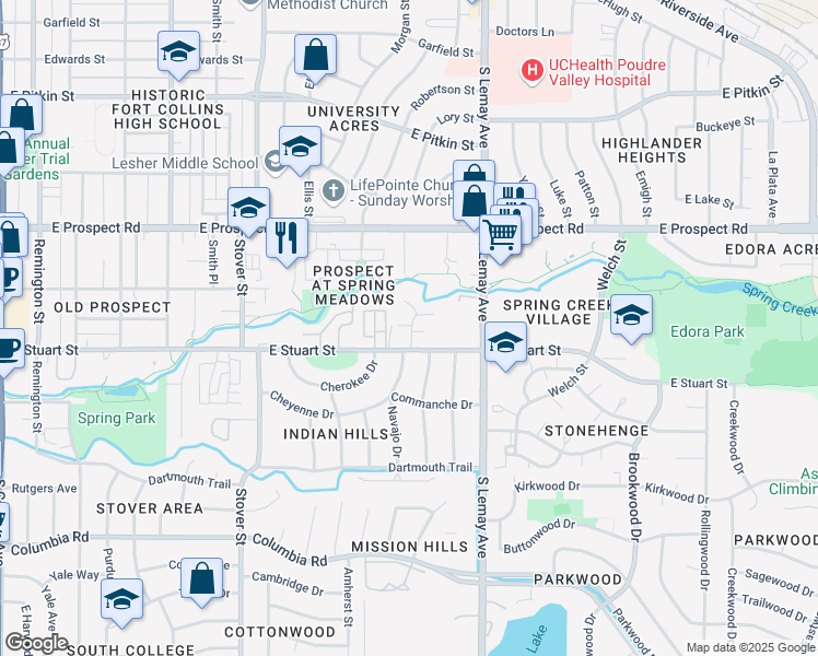 map of restaurants, bars, coffee shops, grocery stores, and more near 1731 Springmeadows Court in Fort Collins