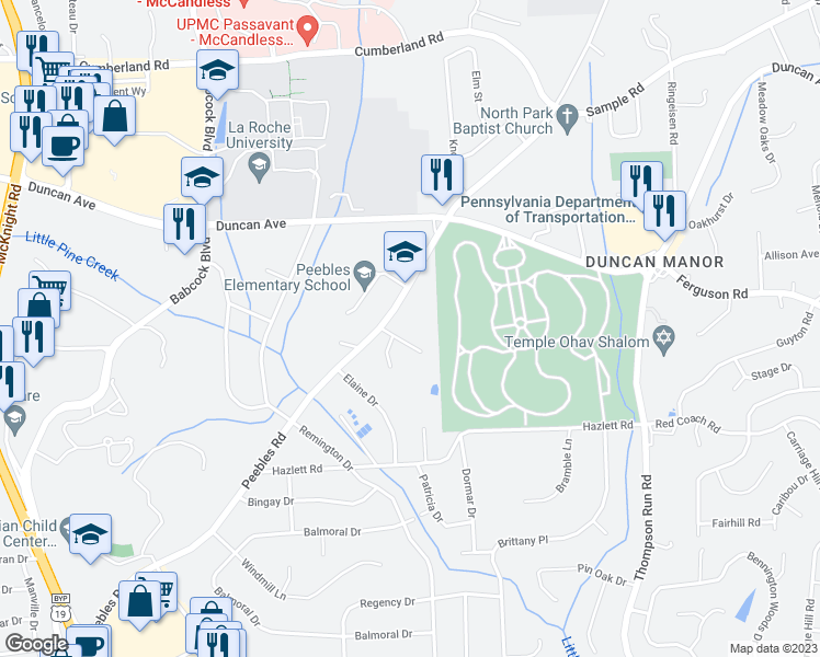 map of restaurants, bars, coffee shops, grocery stores, and more near 8592 Peebles Road in Pittsburgh