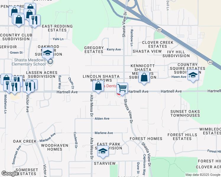 map of restaurants, bars, coffee shops, grocery stores, and more near 2314 Jonquil Way in Redding