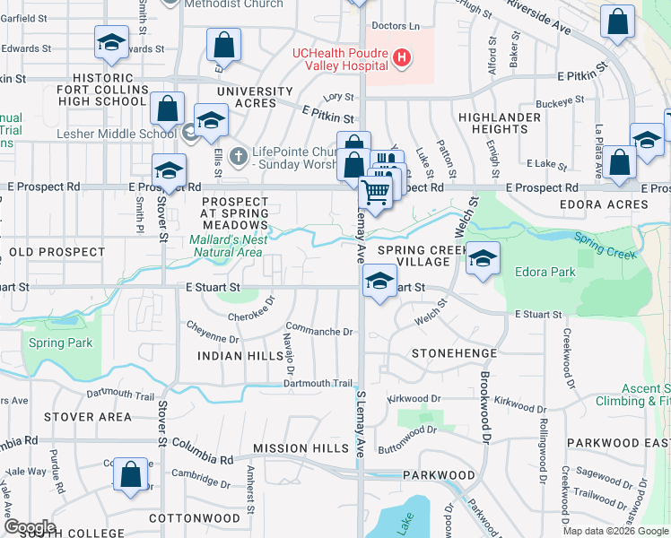 map of restaurants, bars, coffee shops, grocery stores, and more near 1639 South Lemay Avenue in Fort Collins
