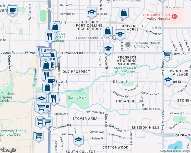 map of restaurants, bars, coffee shops, grocery stores, and more near 1712 Morningside Drive in Fort Collins