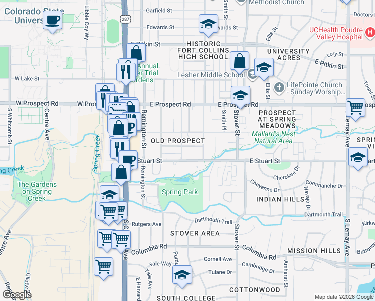 map of restaurants, bars, coffee shops, grocery stores, and more near 400 Alpert Avenue in Fort Collins