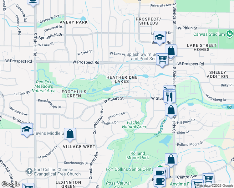 map of restaurants, bars, coffee shops, grocery stores, and more near 1705 Heatheridge Road in Fort Collins