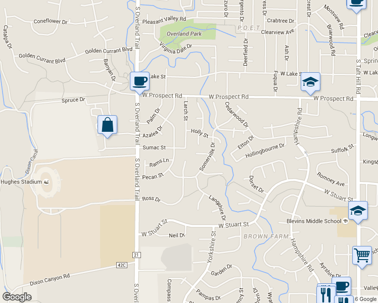 map of restaurants, bars, coffee shops, grocery stores, and more near 1727 Holly Way in Fort Collins