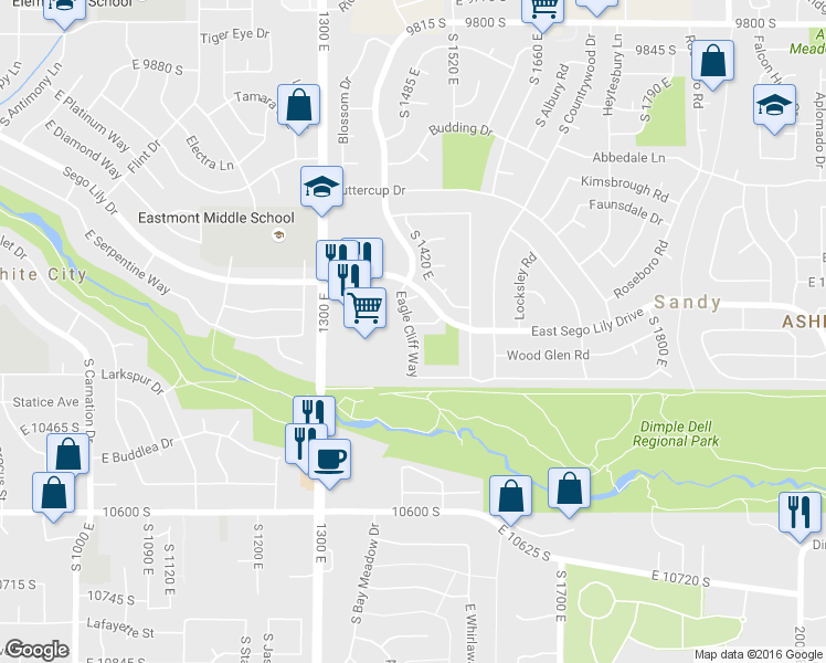 map of restaurants, bars, coffee shops, grocery stores, and more near 1449 Firelight Way in Sandy