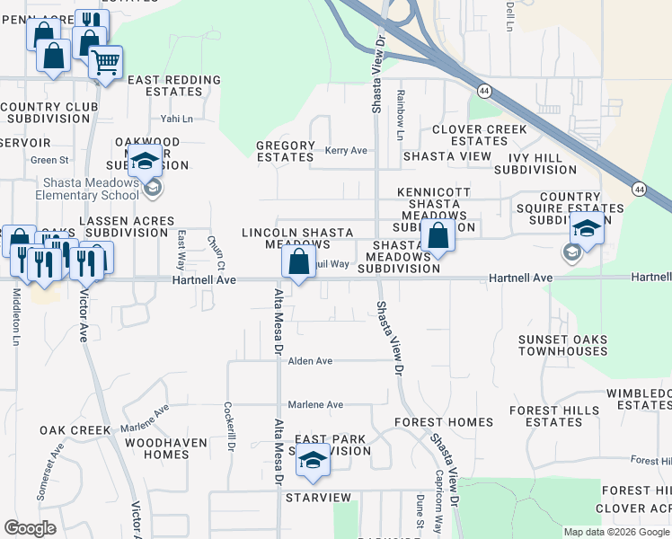 map of restaurants, bars, coffee shops, grocery stores, and more near 2314 Jonquil Way in Redding