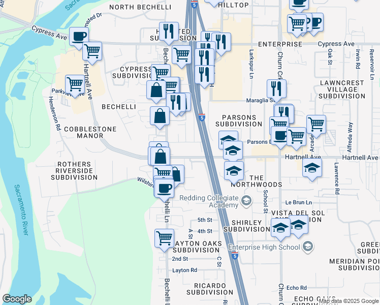 map of restaurants, bars, coffee shops, grocery stores, and more near 589 Parsons Drive in Redding