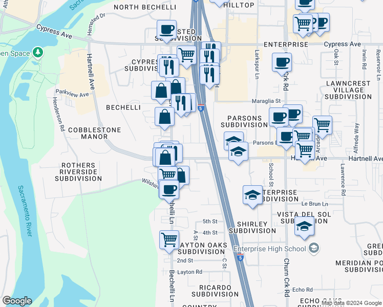 map of restaurants, bars, coffee shops, grocery stores, and more near 589 Parsons Drive in Redding