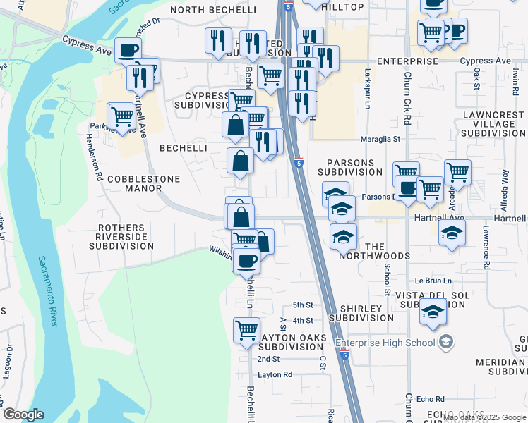 map of restaurants, bars, coffee shops, grocery stores, and more near 2935 Bechelli Lane in Redding
