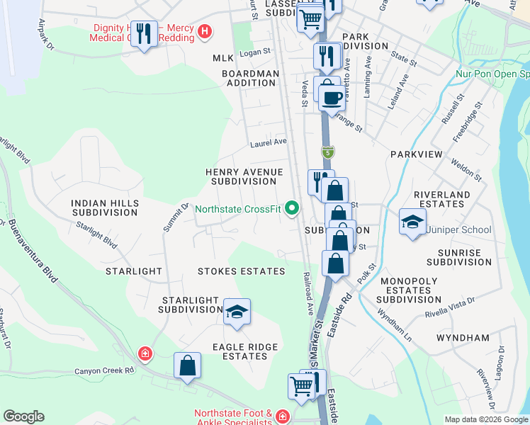 map of restaurants, bars, coffee shops, grocery stores, and more near 1800 Grandview Avenue in Redding