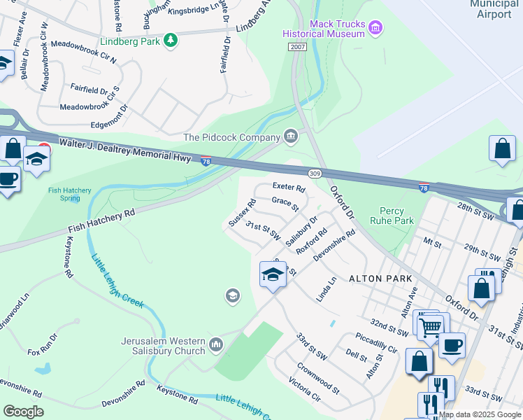 map of restaurants, bars, coffee shops, grocery stores, and more near 1414 Grace Street in Allentown