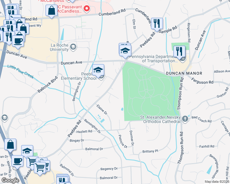 map of restaurants, bars, coffee shops, grocery stores, and more near 8592 Peebles Road in Pittsburgh